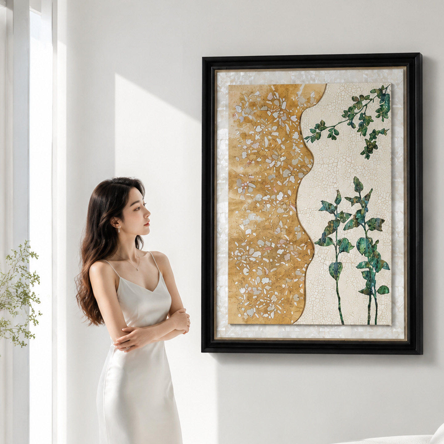 轻奢北欧风贝壳肌理感金叶客厅装饰画现代简约玄关餐厅艺术挂画
