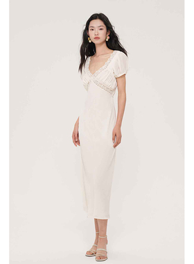 Dec Gals 白雪印迹 白色气质连衣裙女夏季法式复古设计感长裙子