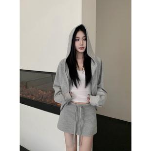 两件套0831 休闲连帽短外套短裤 女春季 ZONOPOEM灰色运动卫衣套装