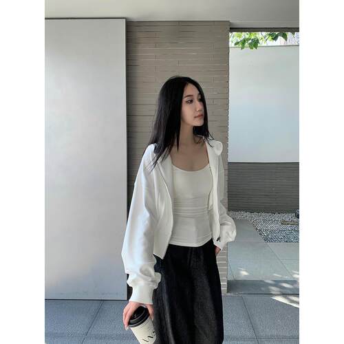 ZONOPOEM白色连帽卫衣开衫外套女春季新款休闲拉链宽松上衣0831a