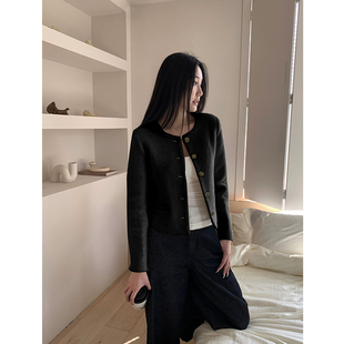 ZONOPOEM秋冬小香风外套女黑色宽松休闲高级羊毛混纺开衫 上衣6068