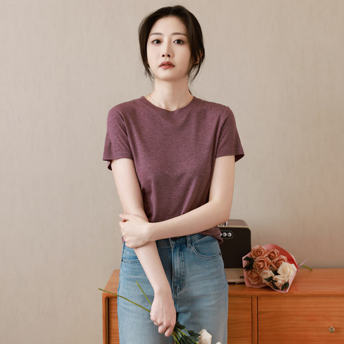 原创新款时尚舒适桑蚕丝纯色圆领短袖T恤女百搭显瘦简约上衣