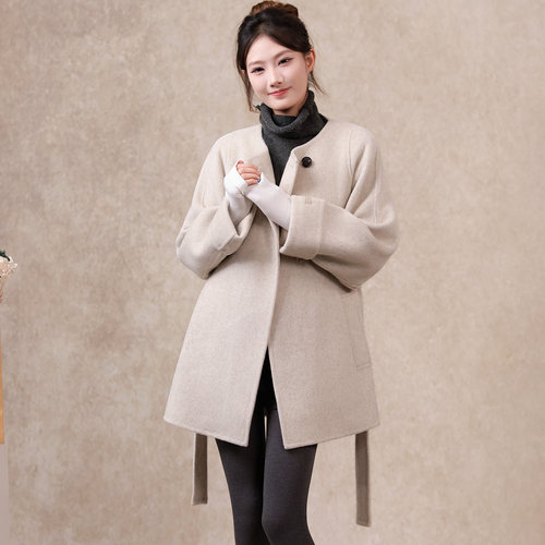极简风双面呢大衣中长款宽松系带