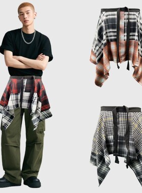 网红下摆韩版格子叠穿不规则爵士舞屁帘裙系腰遮臀巾装饰跳舞配件