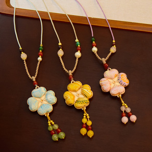 非遗宋锦双面四叶草吊坠项链长款流苏国风项链毛衣链新中式挂件