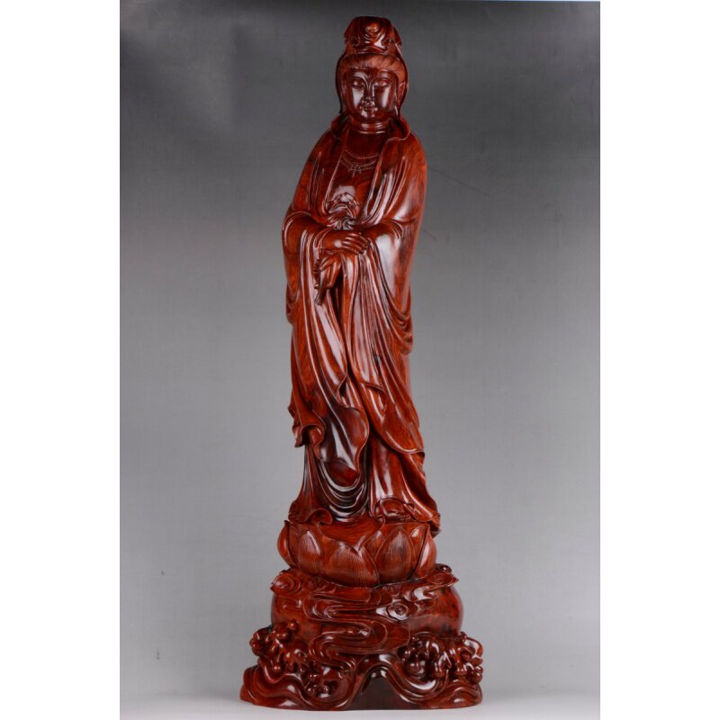 印度小叶紫檀金星牛毛纹木雕工艺品观音摆件