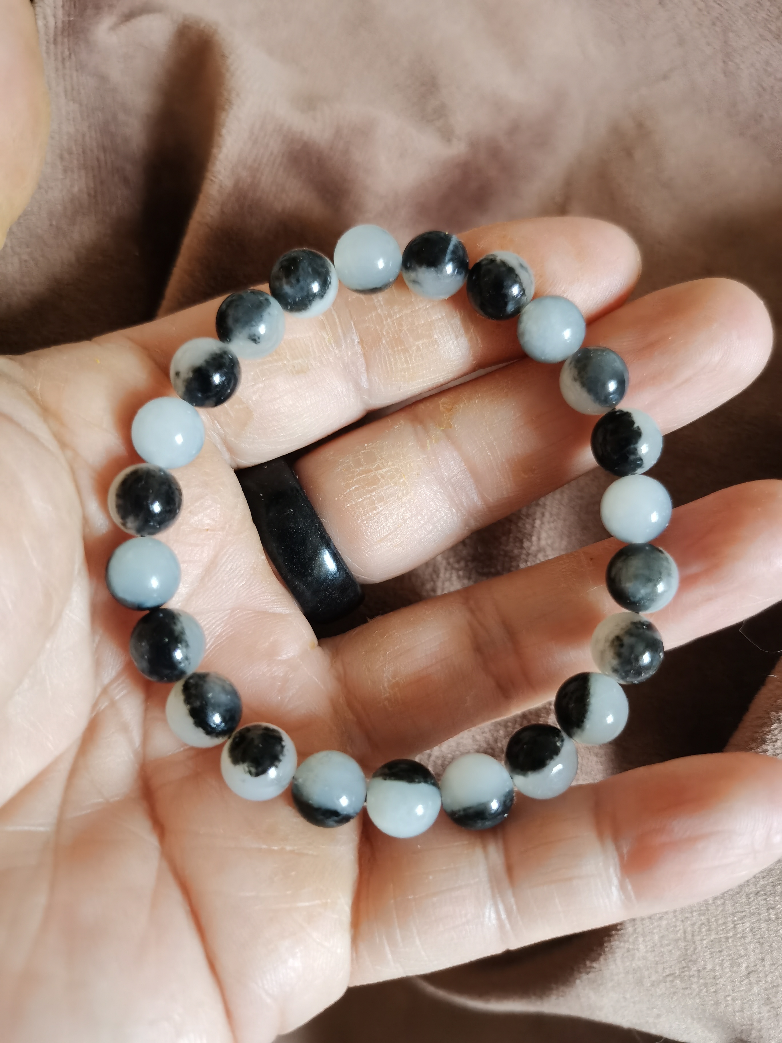 新疆和田玉青花籽料聚宝盆卡8园珠手链女款手串礼品