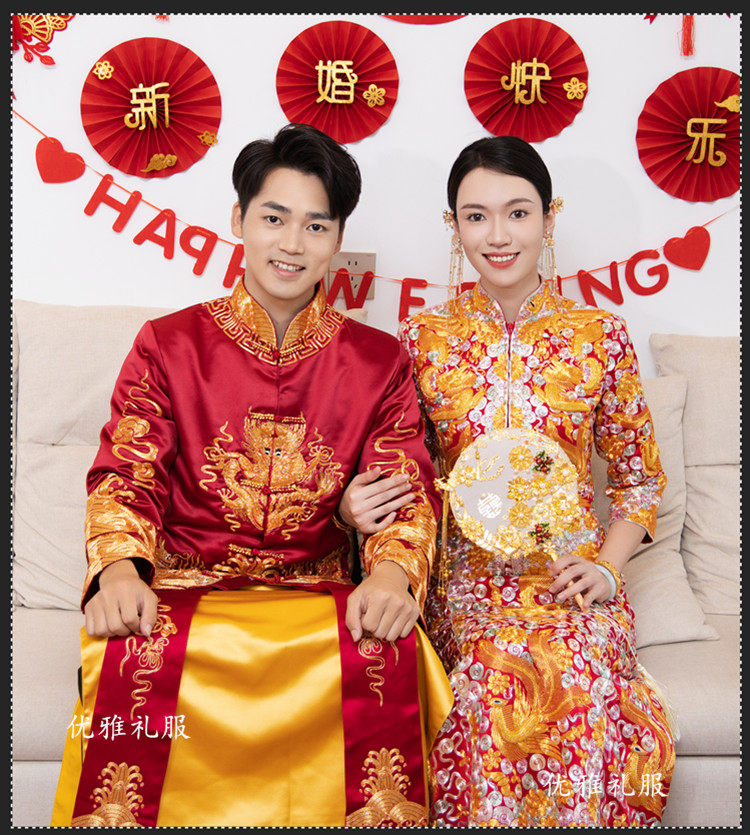 定制 量身定做新郎结婚礼服 新中式龙凤褂 裙褂马褂 男士唐装酒红