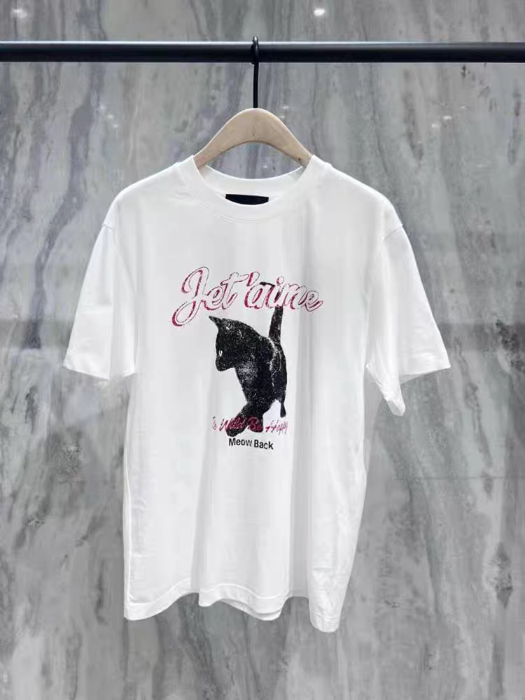 正品短袖T恤2025夏新品斑驳猫咪印花圆领白色宽松棉质MBE2TEE046