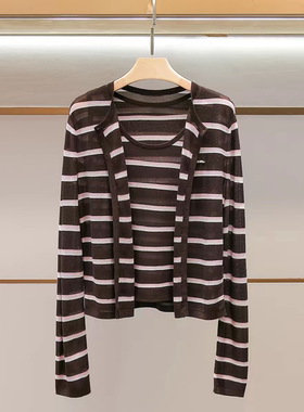 【C系列】针织开衫背心两件套2026夏新品粉棕条纹MBF2CAR012