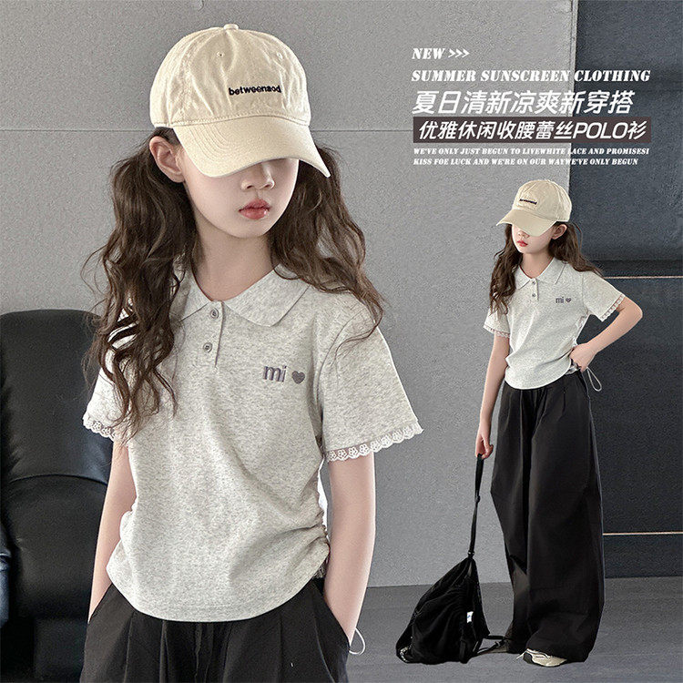 女童蕾丝花边抽绳上衣春季2026新款polo领短袖简约百搭夏装T恤