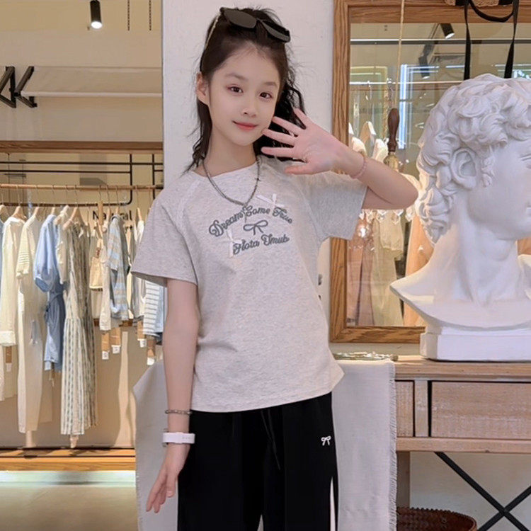 女童短袖刺绣t恤套装夏季2026新款洋气儿童条纹休闲运动裤两件套