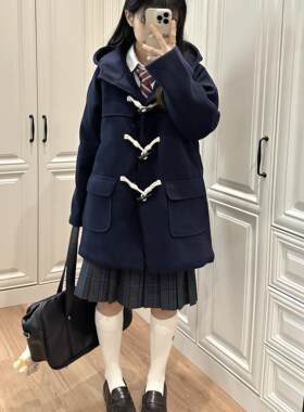呢子大衣jk制服学院风牛角扣大衣
