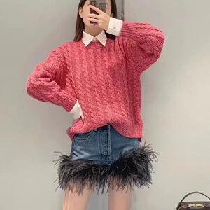 深圳南油树莓粉麻花编织针织衫女23秋冬新款莓果圣诞慵懒风MM毛衣
