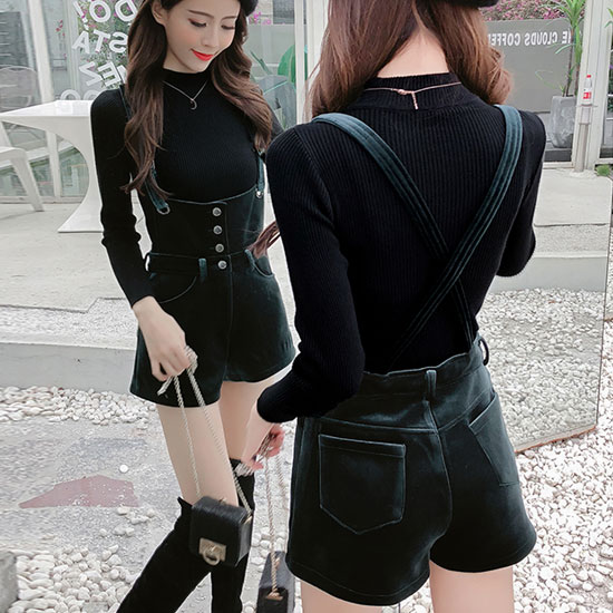 网红晚秋两件套俏皮毛衣背带金丝绒阔腿短裤御姐范女装洋气套装冬