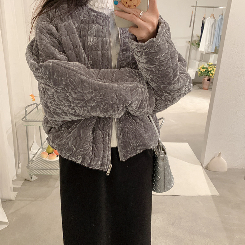 韩国2025秋冬新款圆领宽松休闲丝绒棉衣外套女百搭时尚保暖棉服潮