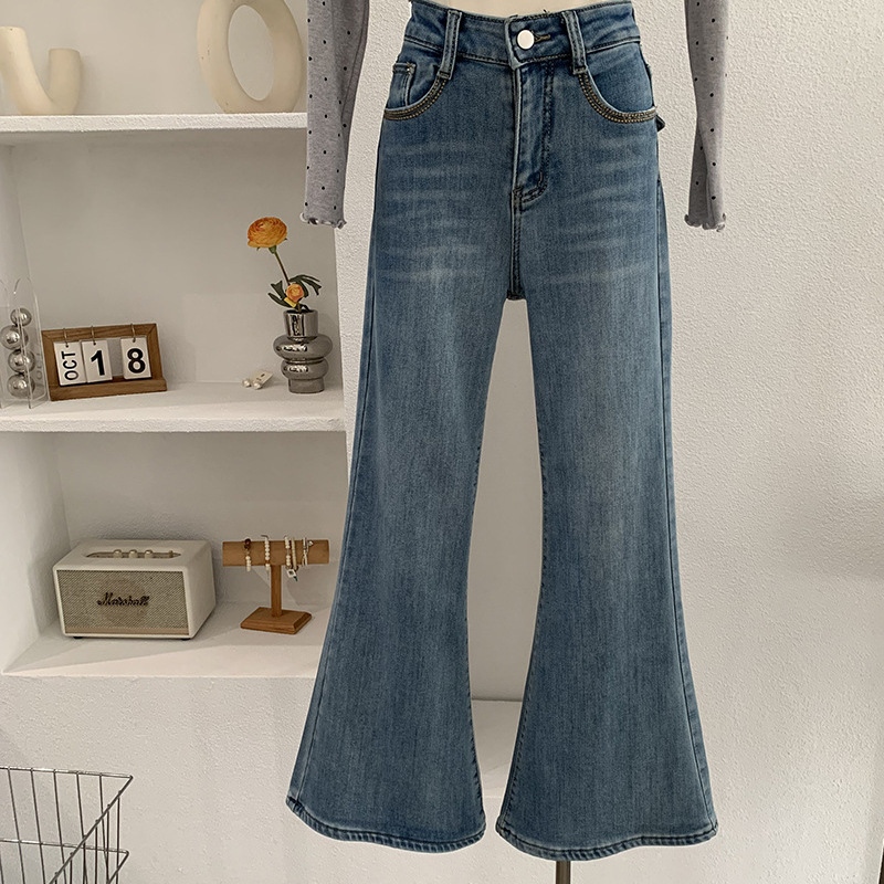 2025冬季韩系修身弹力复古高腰微喇牛仔裤长裤加绒保暖喇叭裤女