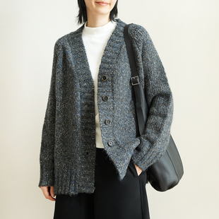 冬款 含绵羊毛女士花纱V领针织外套 3针845g加厚保暖毛衣开衫