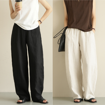 中高腰慵懒水洗亚麻直筒裤