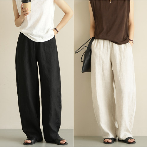 中高腰慵懒水洗亚麻直筒裤