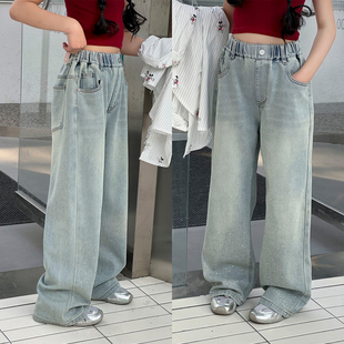 170 中大童 儿童水洗烫钻牛仔裤 女童阔腿直筒长裤 春夏款 童装