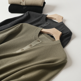 可机洗羊毛混纺毛衣 男士大码亨利领长袖上衣 华夫格打底衫秋款男