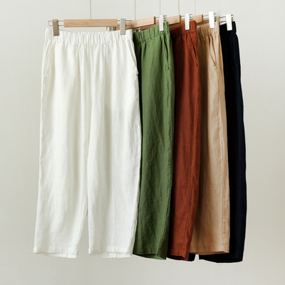 女士全亚麻松紧腰哈伦裤八分裤