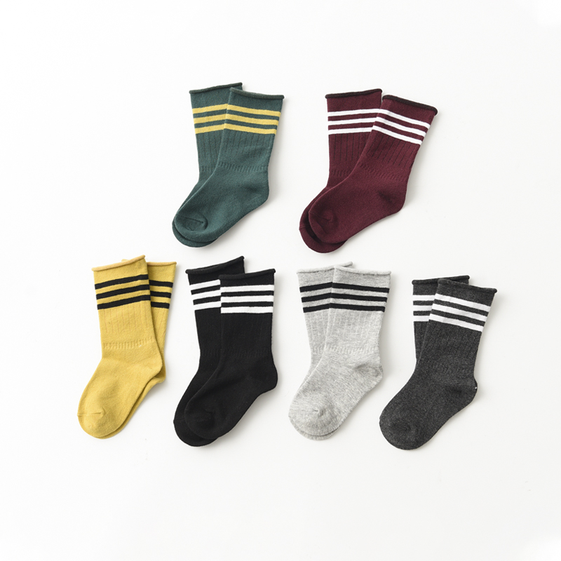 精梳棉卷边男童条纹弹力中筒袜