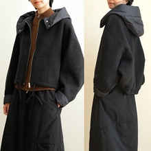 含山羊绒女士保暖连帽外套 850g加厚毛呢绵羊毛短款拼接大衣k