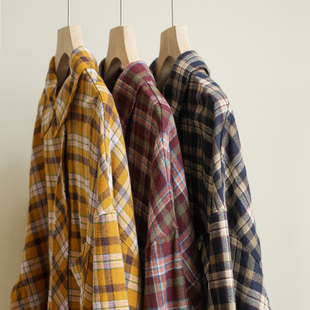 春款 女士文艺宽松落肩格子上衣 衬衫 170g全棉复古格纹翻领长袖