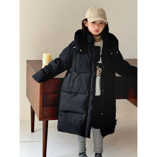 90白鸭绒儿童中长款连帽羽绒服