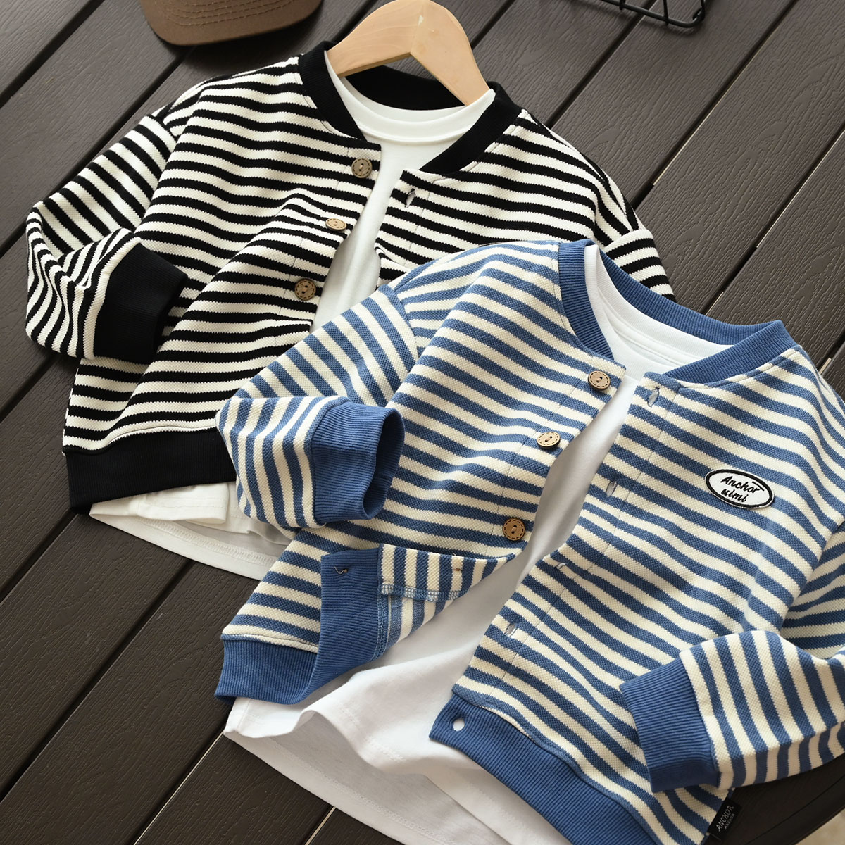 아동용 피케 코튼 스트라이프 가디건 소년 소녀 순면 긴팔 재킷 아동복 산동 온라인 스토어에 재입고