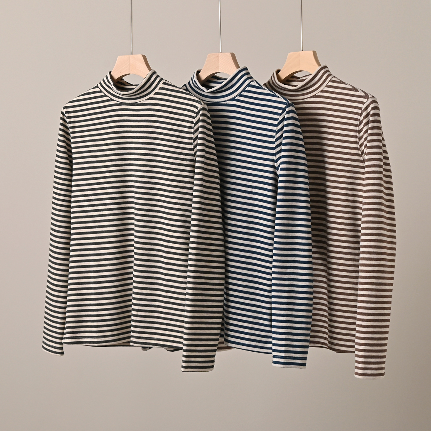 女士半高领双面绒条纹打底衫秋冬