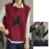 含羊毛女士圆领提花小狗马甲 百搭无袖 针织上衣 红色新年款 女装