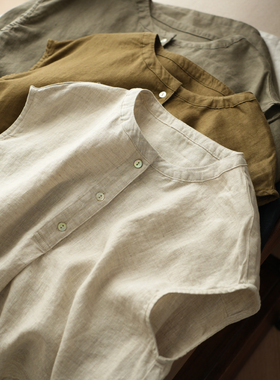 14支全亚麻 法式女士宽肩背心立领T恤衬衣雨露麻山东网店夏款女装