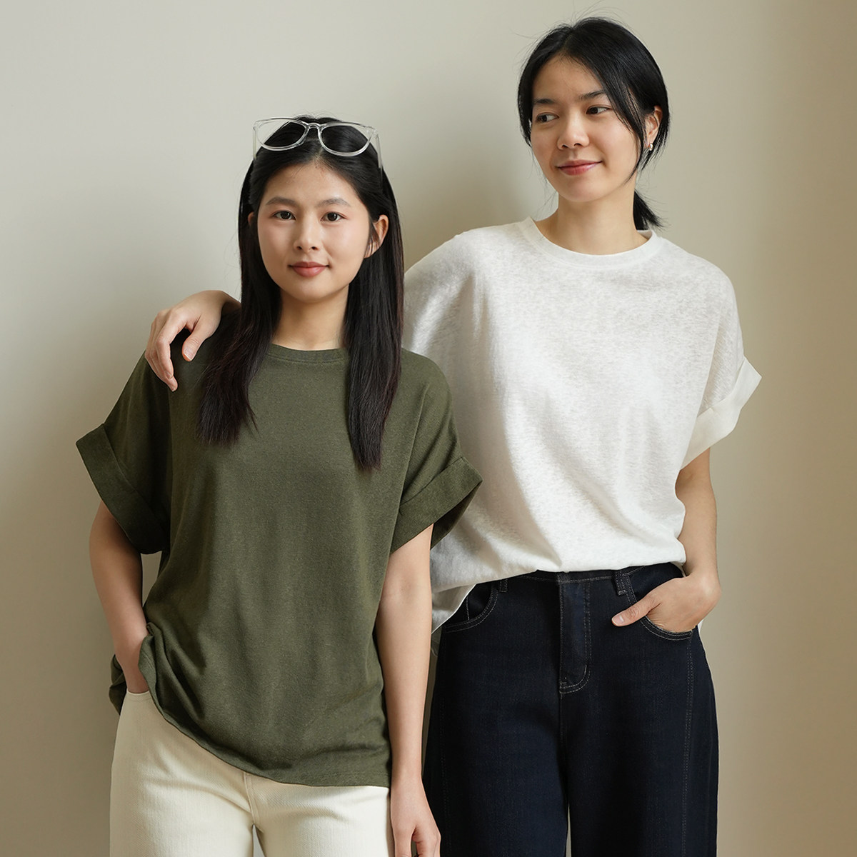 会员拍 澳棉+雨露麻短袖 女士薄款飞机袖T恤 纯色挽边上衣 夏款