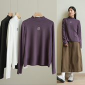 女士240g棉质笑脸印花半高领长袖 秋款 T恤 简约百搭打底衫