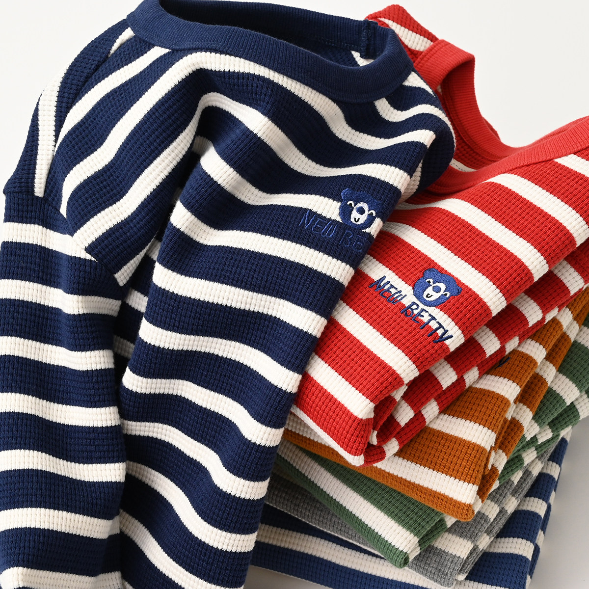 儿童珠地棉卫衣 男童女童圆领条纹打底衫 长袖中大童 童装 春秋款