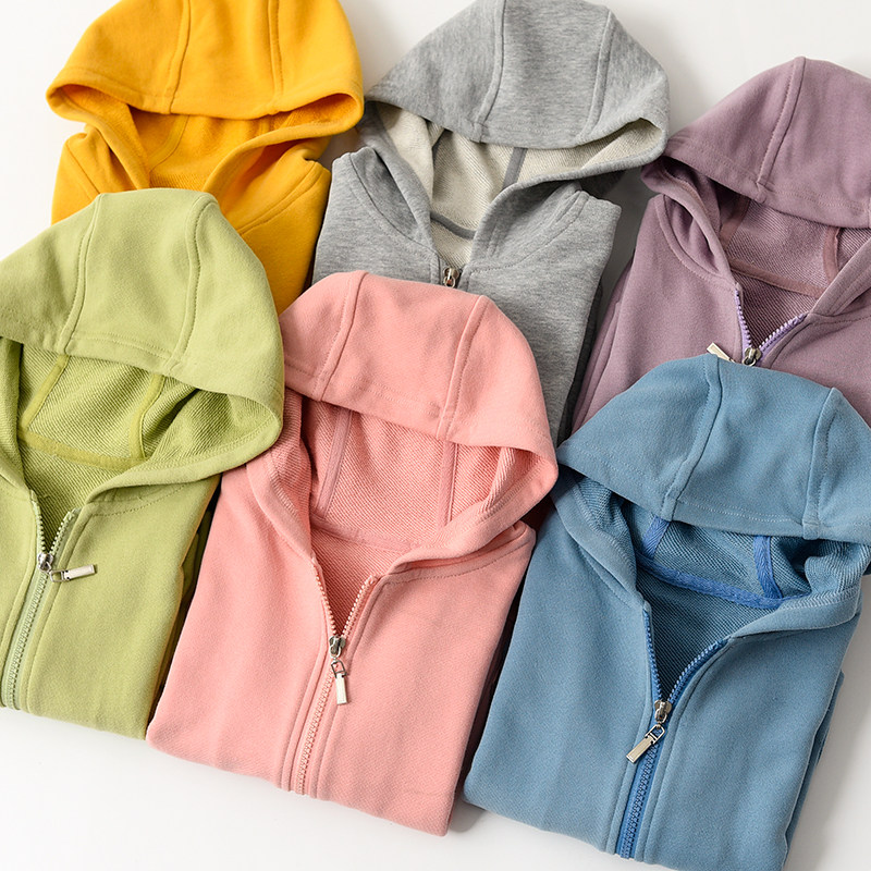 소년과 소녀를 위한 아동용 순면 테리 가디건 중년 및 노년층 어린이를 위한 솔리드 컬러 후드 커프 스포츠 재킷
