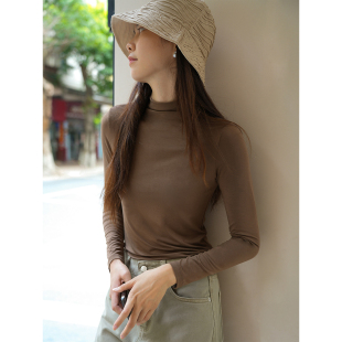 50支兰精莫代尔 T恤 女士啤酒领长袖 纯色薄款 山东网店 打底衫 A类
