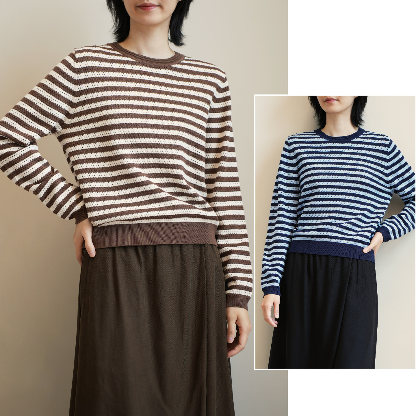 女士50支条纹套头圆领针织衫 镂空肌理感长袖T恤 春款 女装k