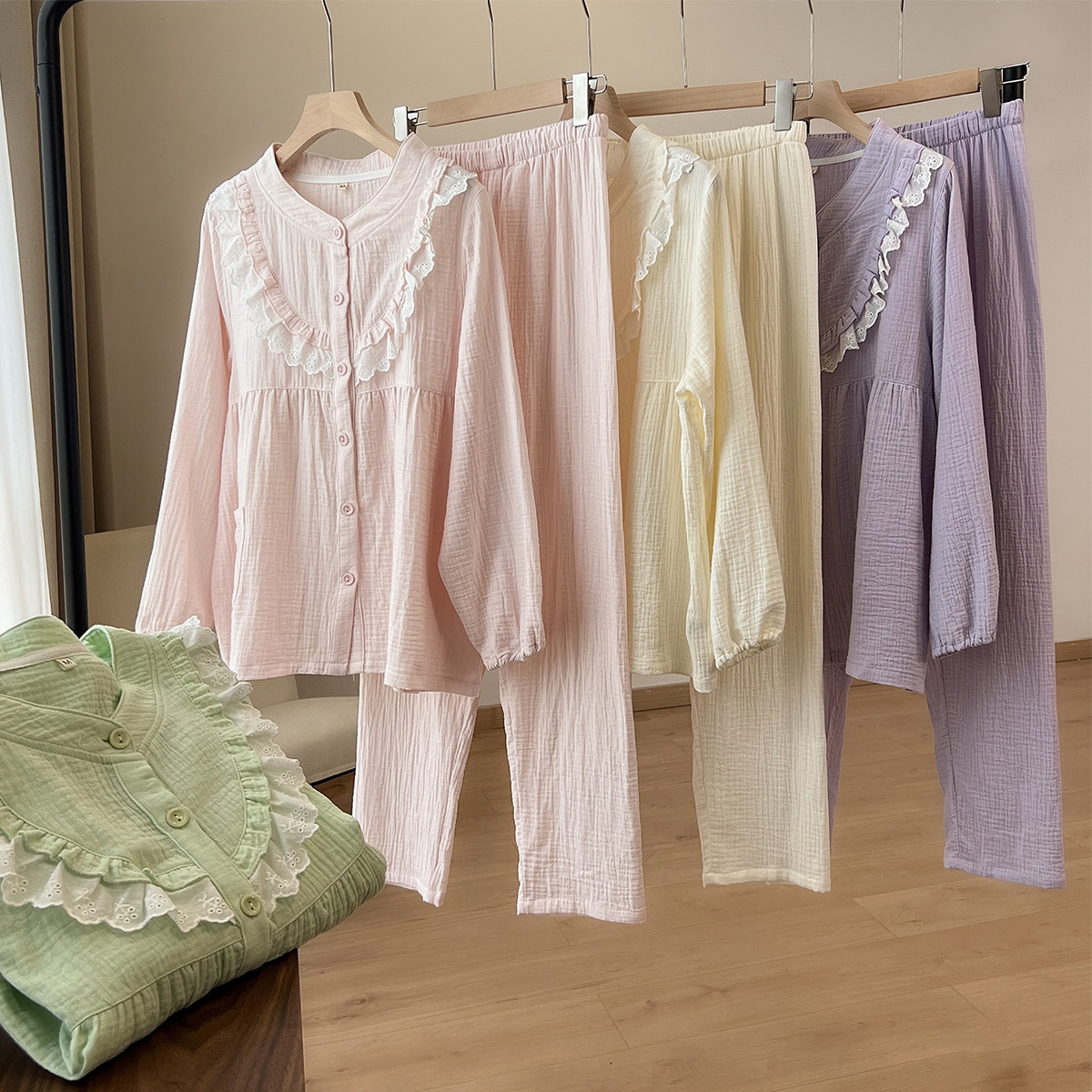 40支 双层纱布全棉女士木耳边家居服纯棉绉布长袖睡衣睡裤 春夏款