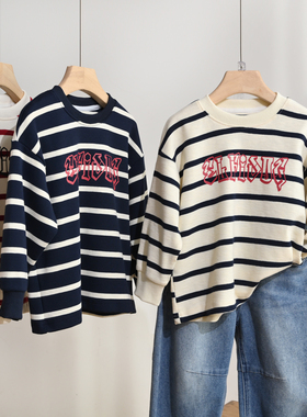 儿童纯棉长袖T170码中大童打底衫 男童条纹T恤衫 春秋款 童装