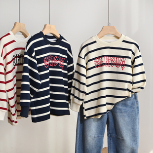 儿童纯棉长袖T170码中大童打底衫 男童条纹T恤衫 春秋款 童装