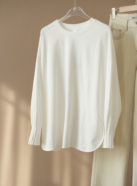 180g 女士水洗棉全棉磨毛t 风琴袖 圆领长袖纯棉打底衫 春款 女装