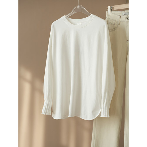 女士水洗磨毛棉T圆领长袖打底衫