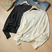 女士羊毛衫 女装 圆领彩扣开衫 春秋款 针织上衣 48支双股