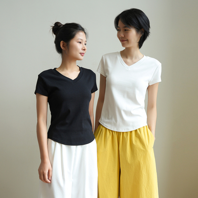 女士V领薄款短袖短款修身T恤衫