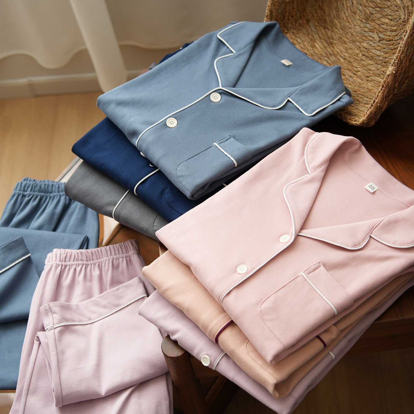 情侣款 纯棉针织睡衣套装 男女全棉开衫长袖长裤家居服 两件套