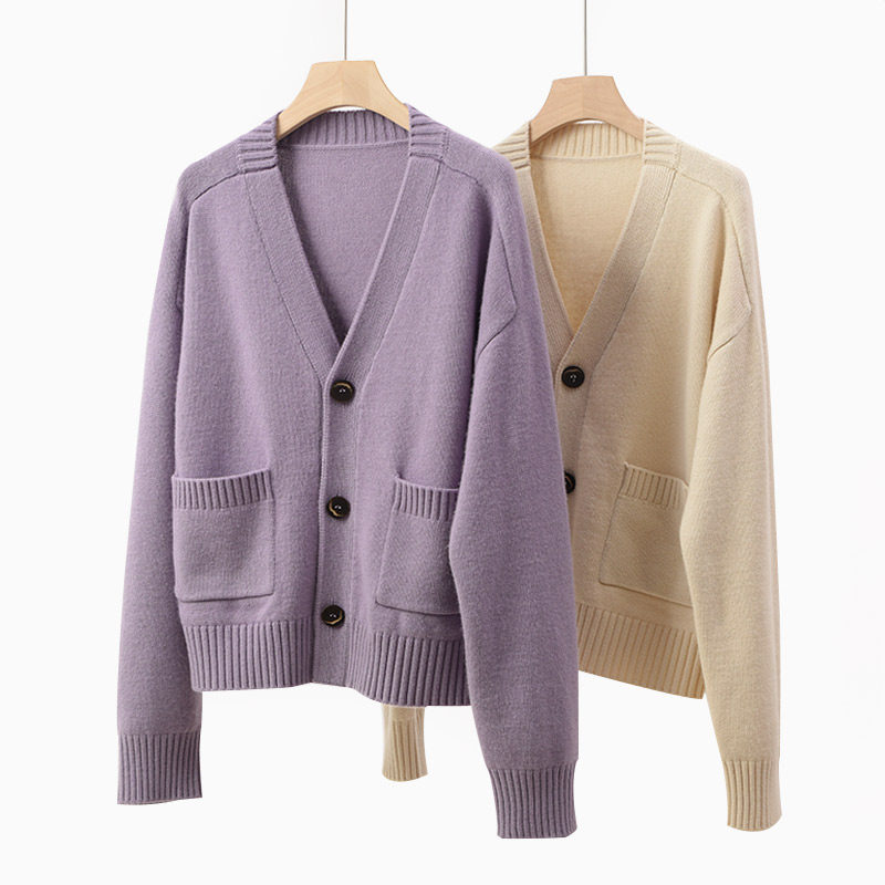 植物羊绒针织开衫 女士v领毛衣外套 叠穿保暖羊毛上衣  女装